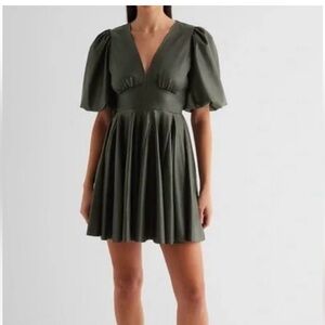 NWT Express army green faux leather puff sleeve dress